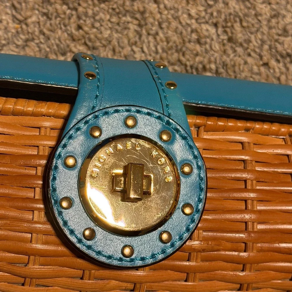 Michael Kors Wicker Straw Clutch Bag Turquoise Blue Leather Gold Turn Lock
